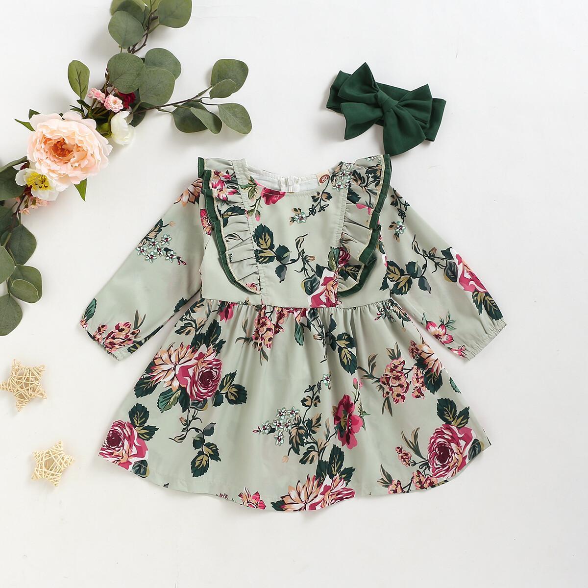 JOYSHOP Baby Girl Clothes Ruffle Long Sleeve Floral Dress Headband 2PCS Set 190149