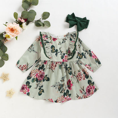 JOYSHOP Baby Girl Clothes Ruffle Long Sleeve Floral Dress Headband 2PCS Set 190149