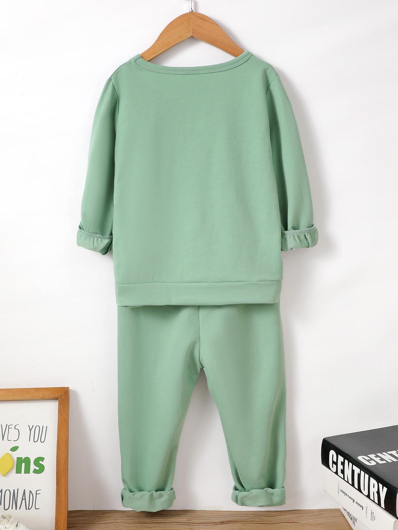 Kids fashion Boys Outfits Solid Color Long Sleeve Pants 2Pcs Clothes Set Green 112206301