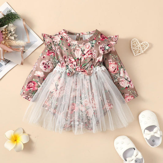 Baby Girls Romper Dress Floral Ruffle One Piece Winter Dress Brown BL22110685