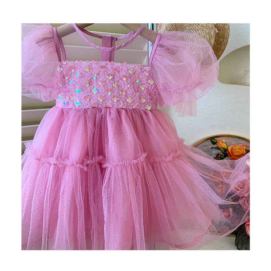 Baby Girls' Korean Princess Dress Summer Bubble Sleeves Sweet Fairy Dress PinkYN23003