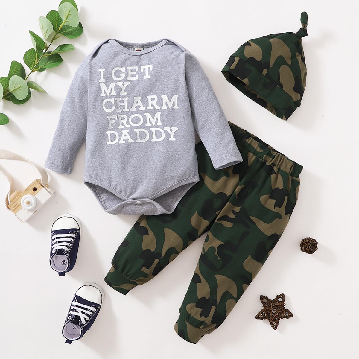 Baby Clothes Baby Boy Letter Long Sleeve Rombo Camo Pants Hat 3PCS L2007138-1