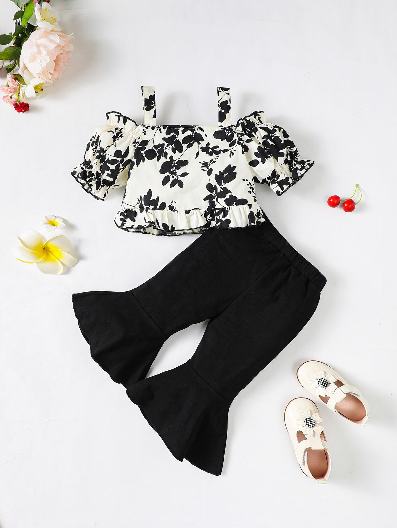 Kids Fashion Ready Stock Girls Clothes Floral Straps Bubble Sleeve Tops Bell-bottomed Pants 2Pcs Niceapparel OOTD White 623020005