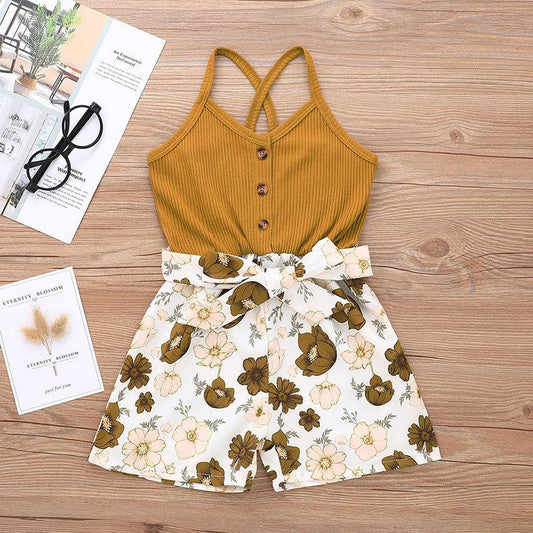 Baby Girls Jumpsuit Straps Splice Floral One Piece Summer Bodysuit Brown HD20752B
