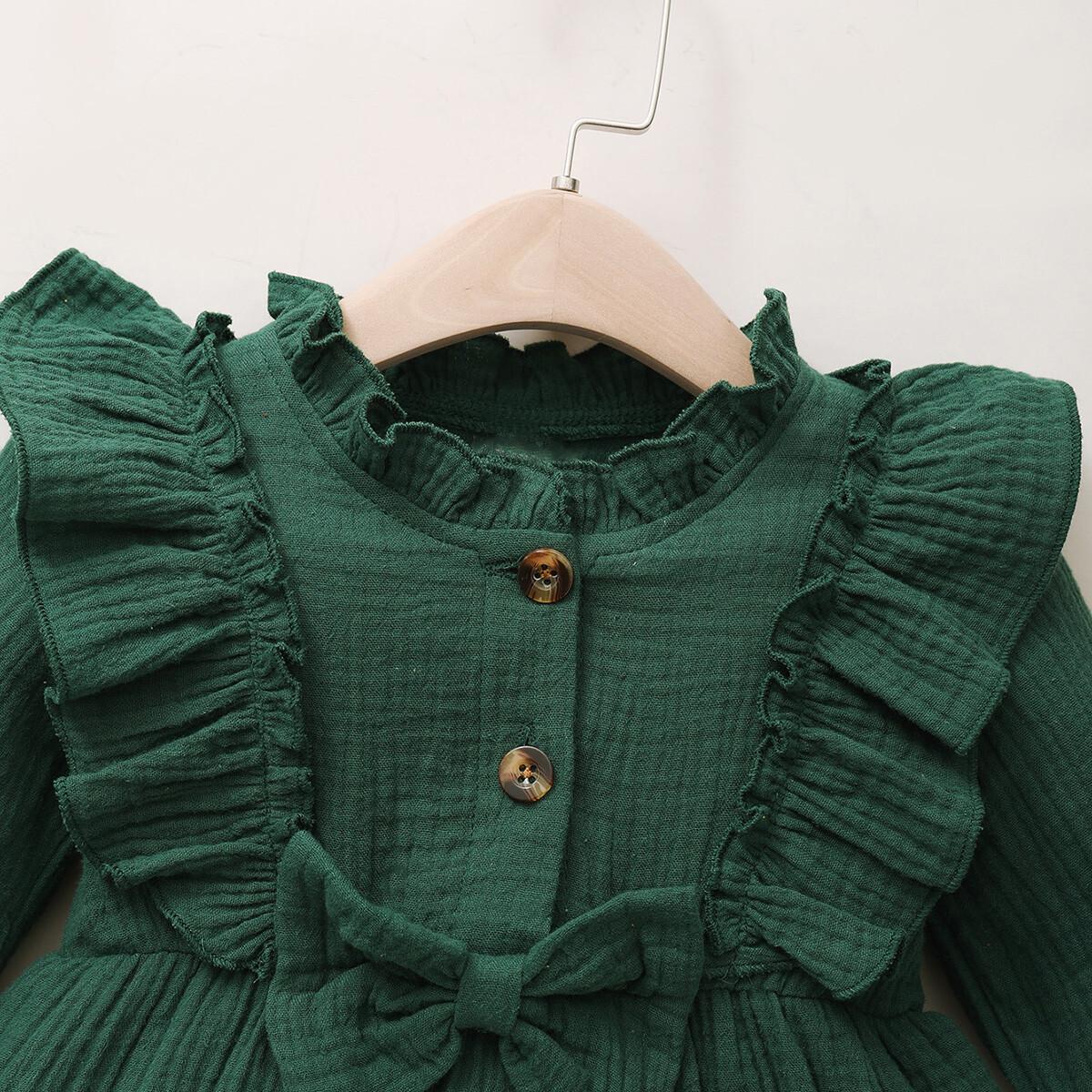Infant Baby Girl Dress Baby Girl Fall Clothes Ruffle Long Sleeve Cute Bowknot Dress Green 22010055-2