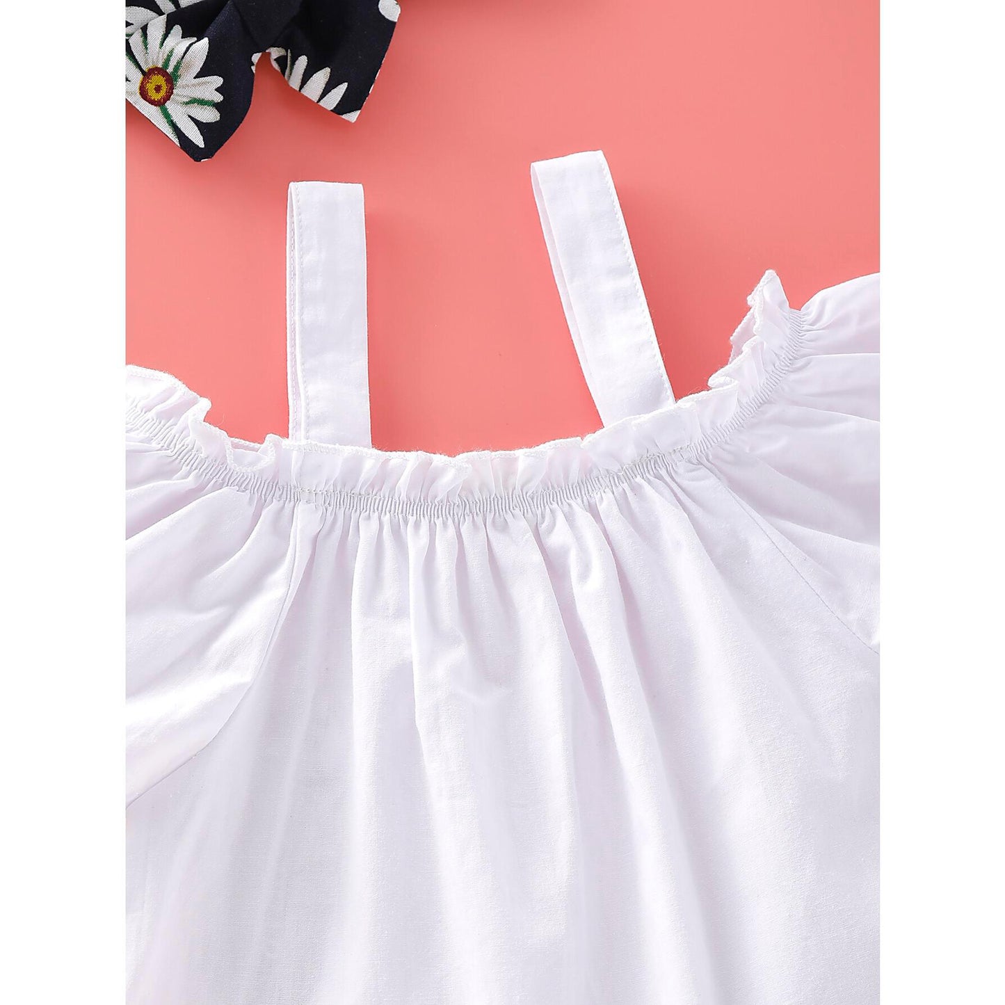 kid fashion Girl Clothes Summer Outfits Ruffle Sleeve Strap Shirt Tops Floral Shorts Headband Set White 193888