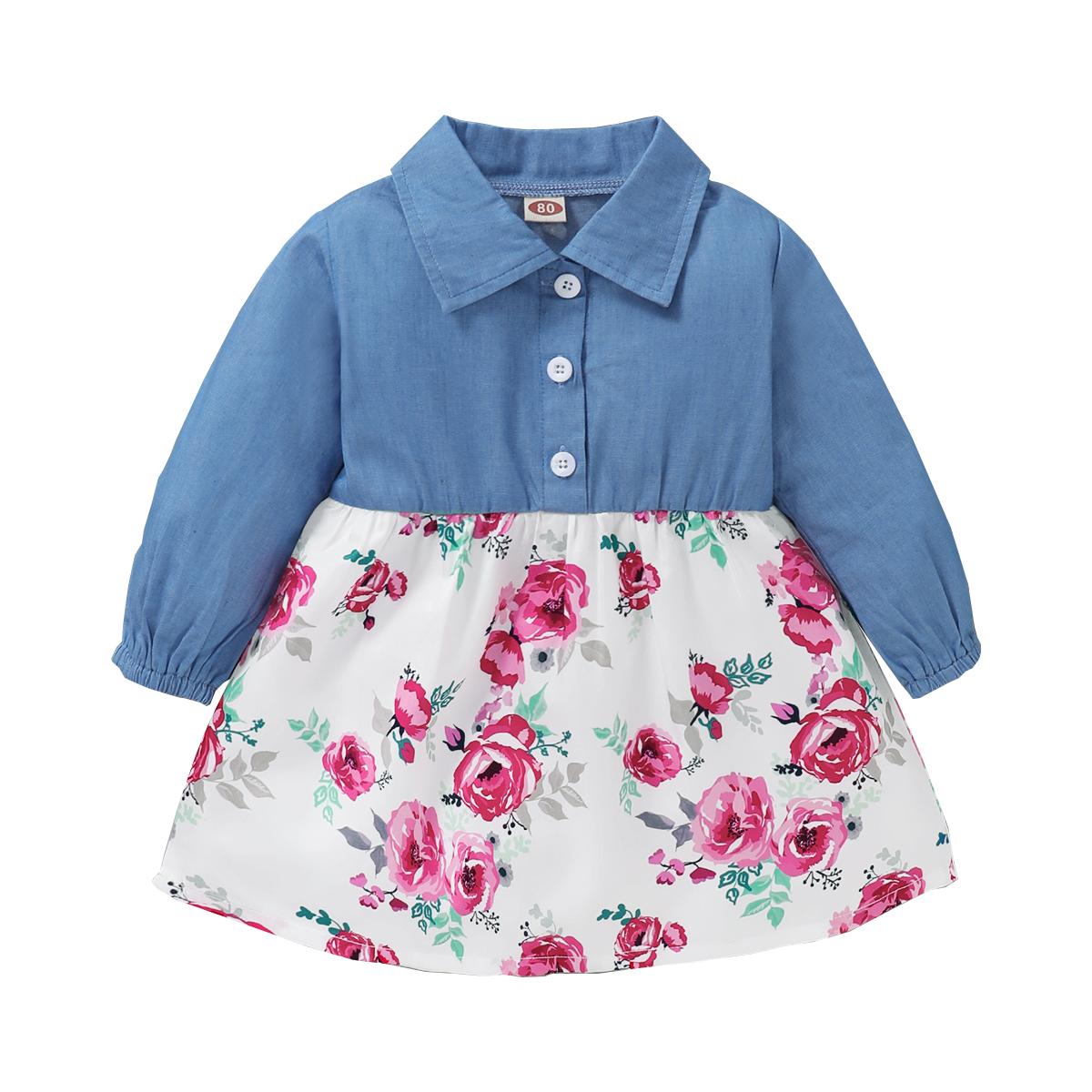 Kid fashion Girl Clothes Girl Dress Long Sleeve Lapel Dress Floral Dress Girls Jeans Dress Blue WL20081345
