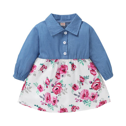 Kid fashion Girl Clothes Girl Dress Long Sleeve Lapel Dress Floral Dress Girls Jeans Dress Blue WL20081345