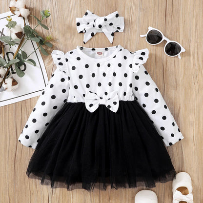 Newborn Baby Girls Outfits Wave Point Print Ruffle Sleeve Lace Bow Long Sleeve Dress+Headband 2Pcs Clothes Set White 22108163SY
