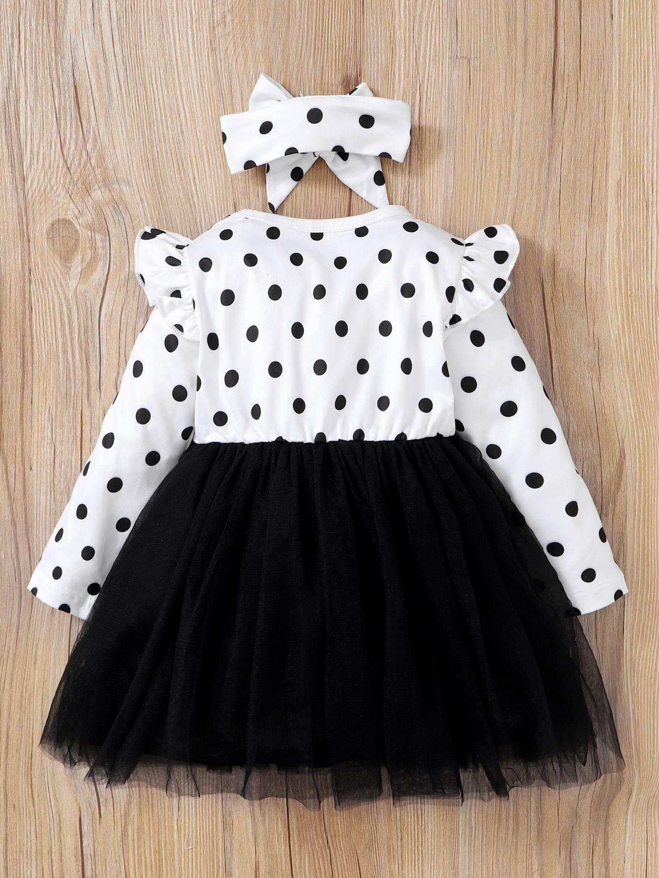Newborn Baby Girls Outfits Wave Point Print Ruffle Sleeve Lace Bow Long Sleeve Dress+Headband 2Pcs Clothes Set White 22108163SY