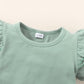 Kids Fashion Ready Stock Summer Clothes For Girls Ruffle Sleeve Solid Color Shirts Elastic Shorts Headband 3Pcs Outfits Green 112202005