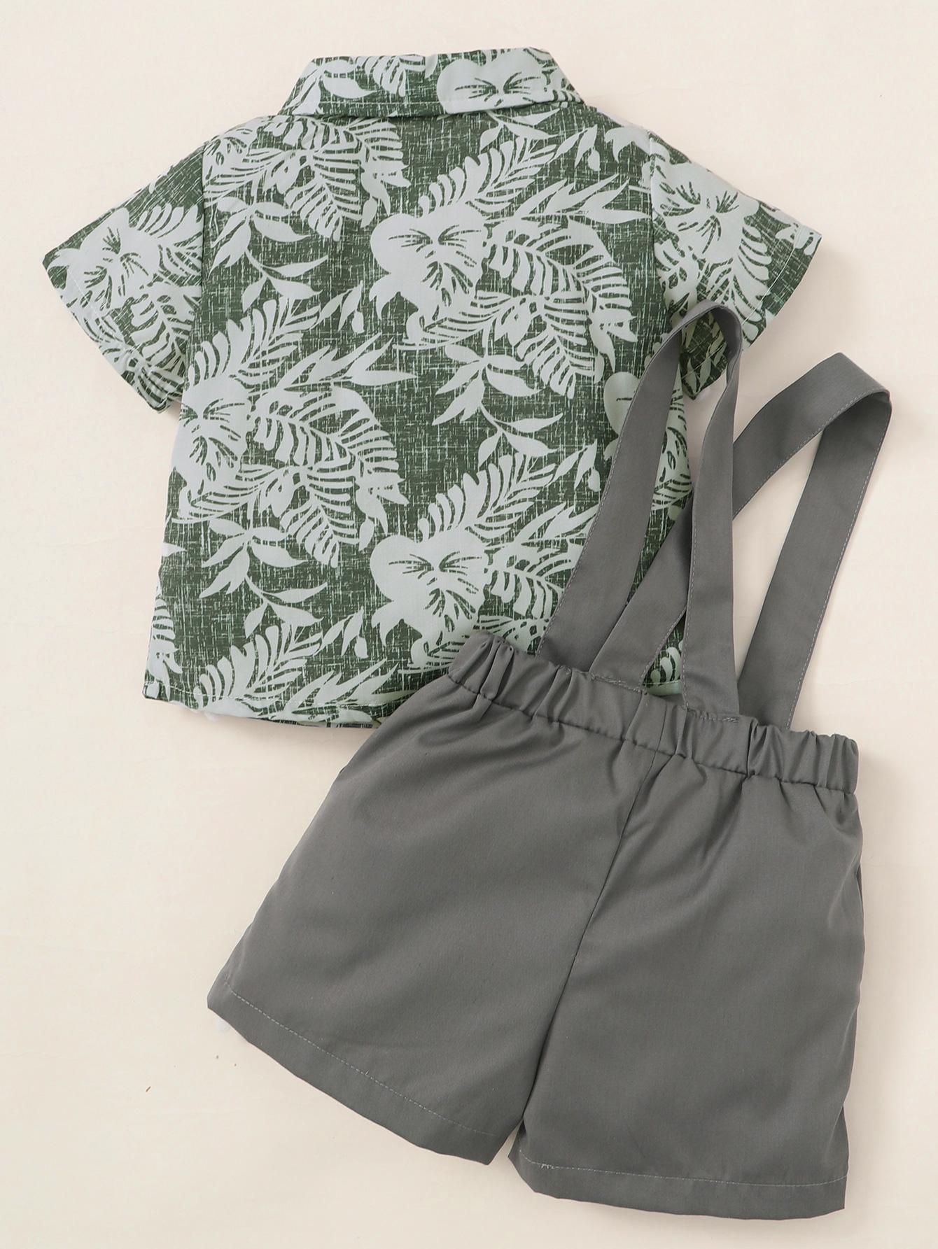Newborn Baby Boys Outfits V Neck Leaf Print T-shirt Top +Straps Suspender Shorts 2PCS Clothes Set Green 222111010