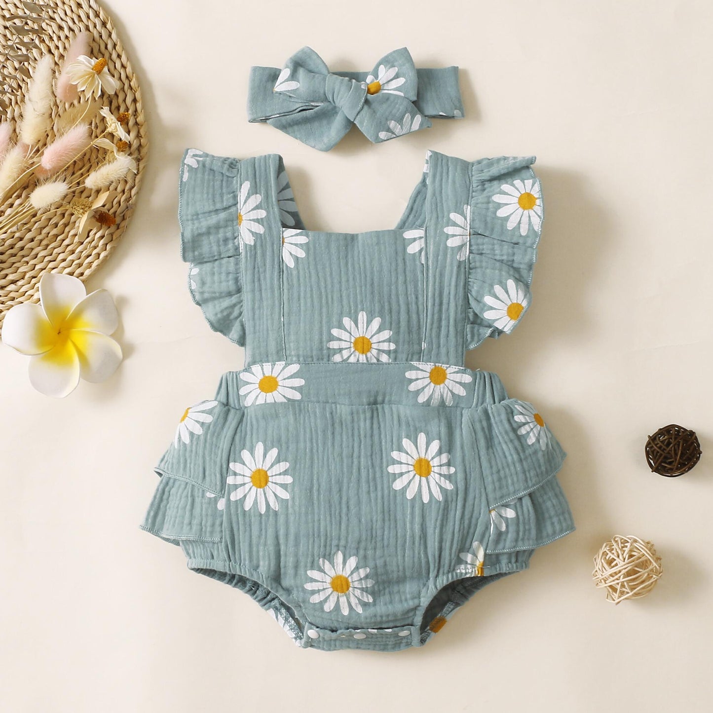 Newborn Baby Girls Clothes Baby Girls Romper Bodysuit Daisy Print Flying Sleeve Romper Baby Girls One Piece Jumpsuit Headband Set Red 32102758