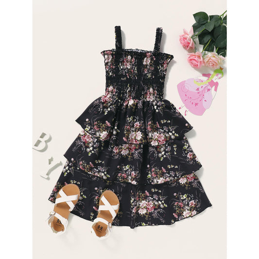 Toddler Baby Girl Clothes Baby Girl Dress Sleeveless Suspender Dress Baby Girl Summer Floral Dress Black WL2003097