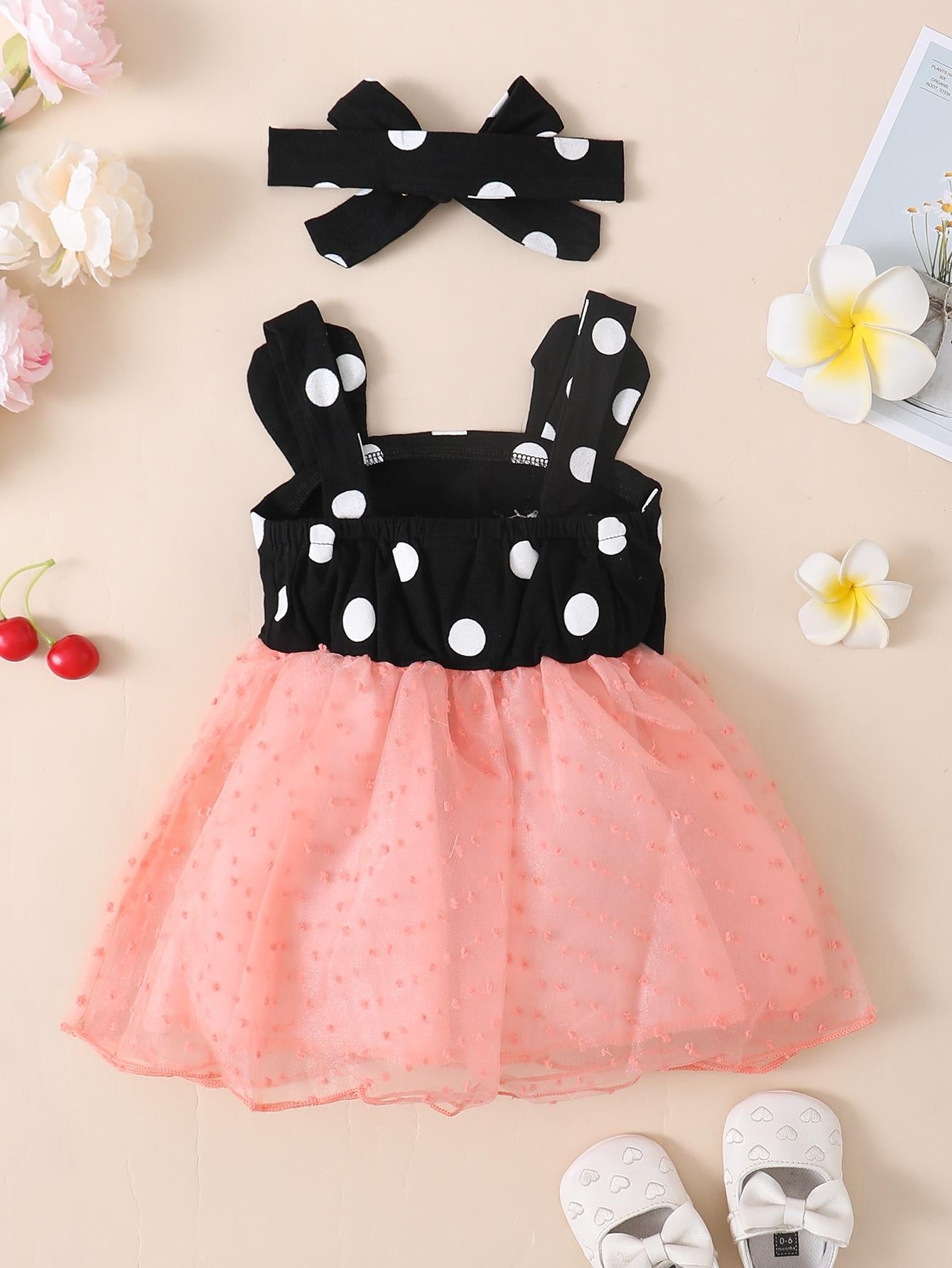 Baby Girls Dress Wave Point Splice Gauze Straps Dress With Headband Pink SH-323