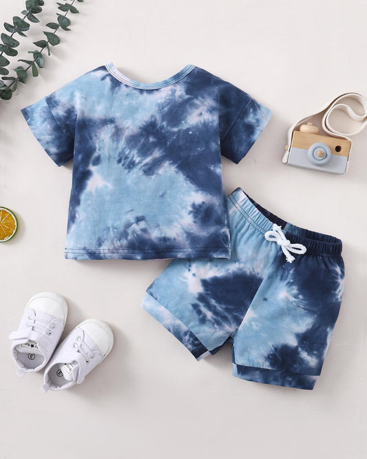 Kids fashion Boys Clothes Ready Stock Tie-dye Shirt Shorts 2Pcs Summer Outfits Blue 12109015-3