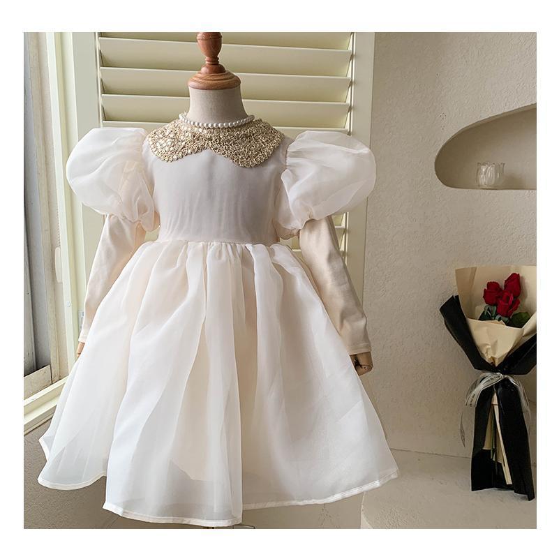 Baby Girls Princess Dress Spring Sequined Lace Doll Collar Bubble Sleeve Gauze Dress  23C009
