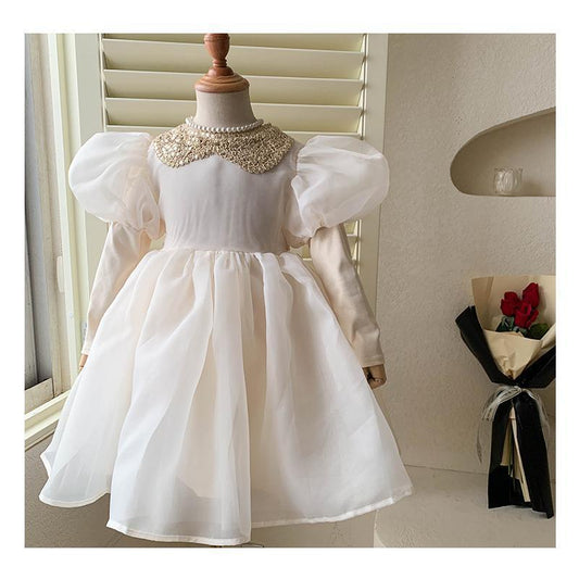 Baby Girls Princess Dress Spring Sequined Lace Doll Collar Bubble Sleeve Gauze Dress  23C009