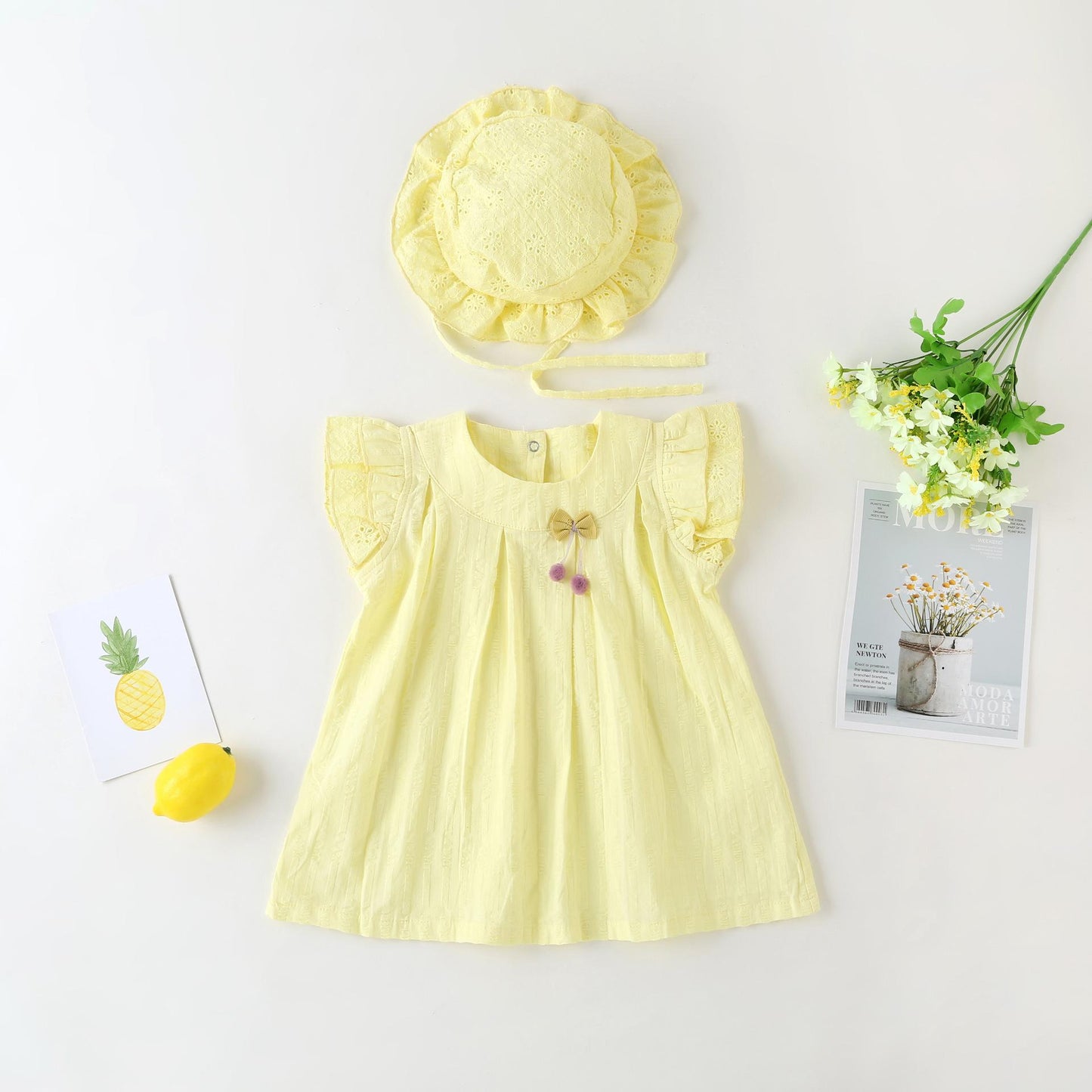 Kid Fashion Ready Stock Girls Outfits Sleeveless Solid Color Summer Dress With Hat 2Pcs Clothes Set ZX-ZB001