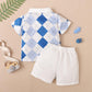 Ready Stock Kids fashion Boys Clothes Boys OOTD Diamond Pattern Turn-down Collar Short Sleeve Elastic Shorts 2Pcs Summer Set Blue 12110601