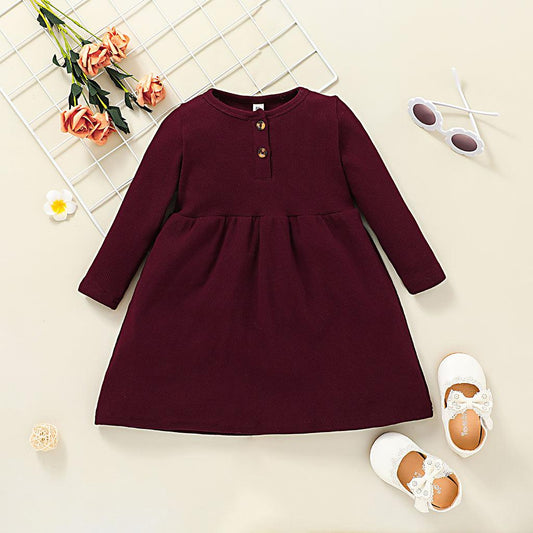 Baby Girls Dress Long Sleeve Pure Color One Piece Winter Dress SH10967
