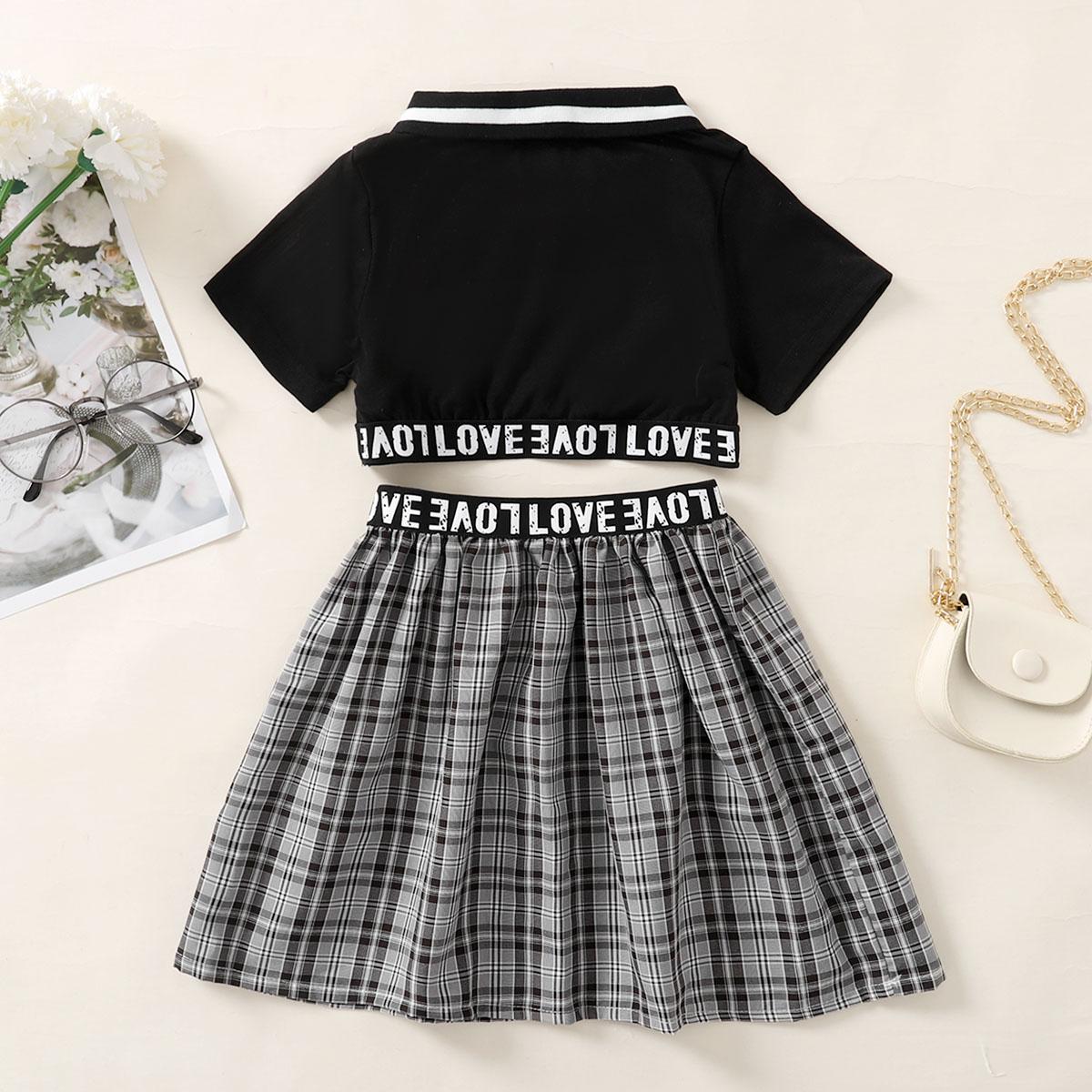 Baby Girls Outfits Turn-down Collar Polo Shirt Plaid Skirts 2PCS Summer OOTD Black 12110303