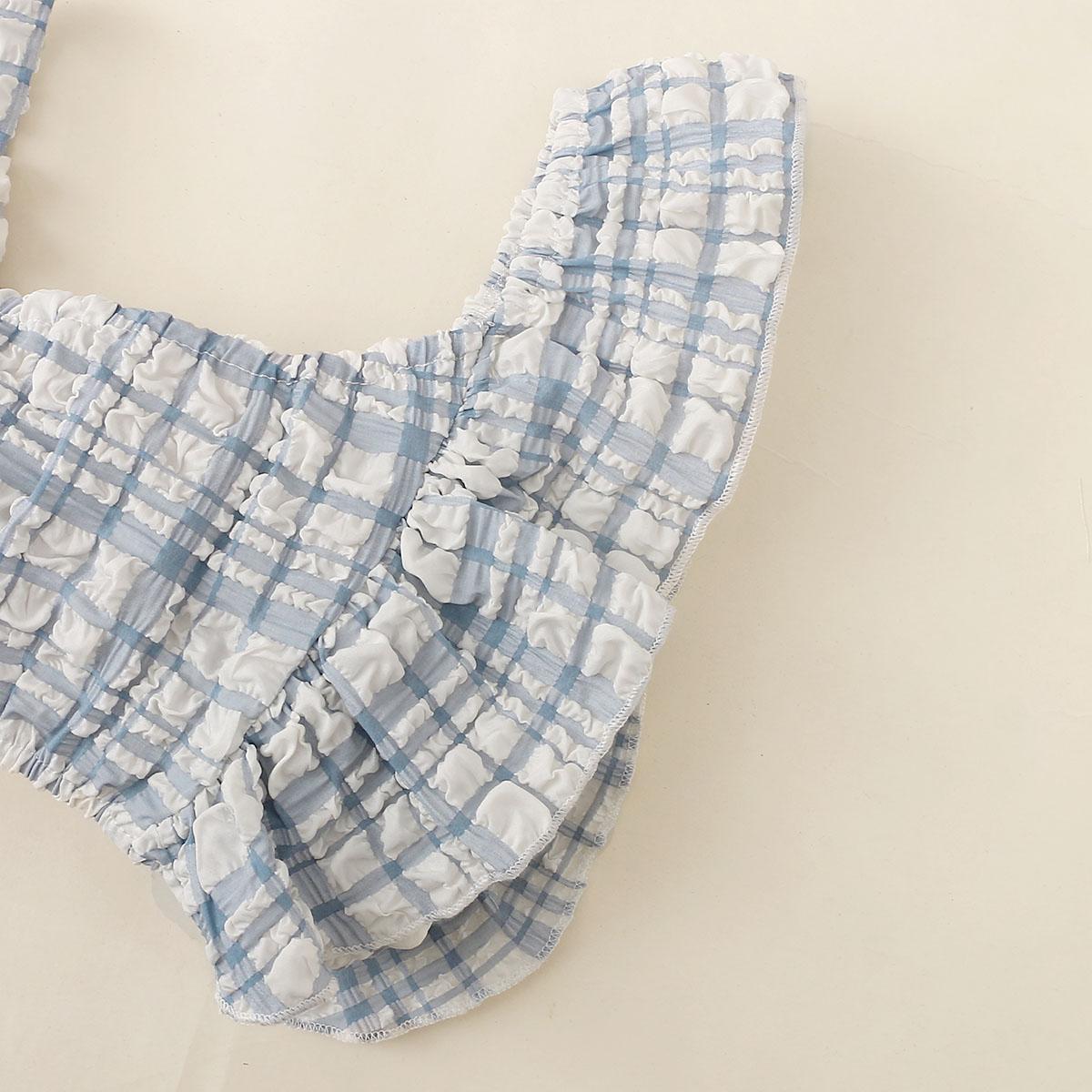 Kids fashion Girls Summer Clothes One Shoulder Plaid Elastic Shorts 2Pcs Outfits Blue 122203457