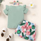 Kids Fashion Ready Stock Summer Clothes For Girls Ruffle Sleeve Solid Color Shirts Elastic Shorts Headband 3Pcs Outfits Green 112202005
