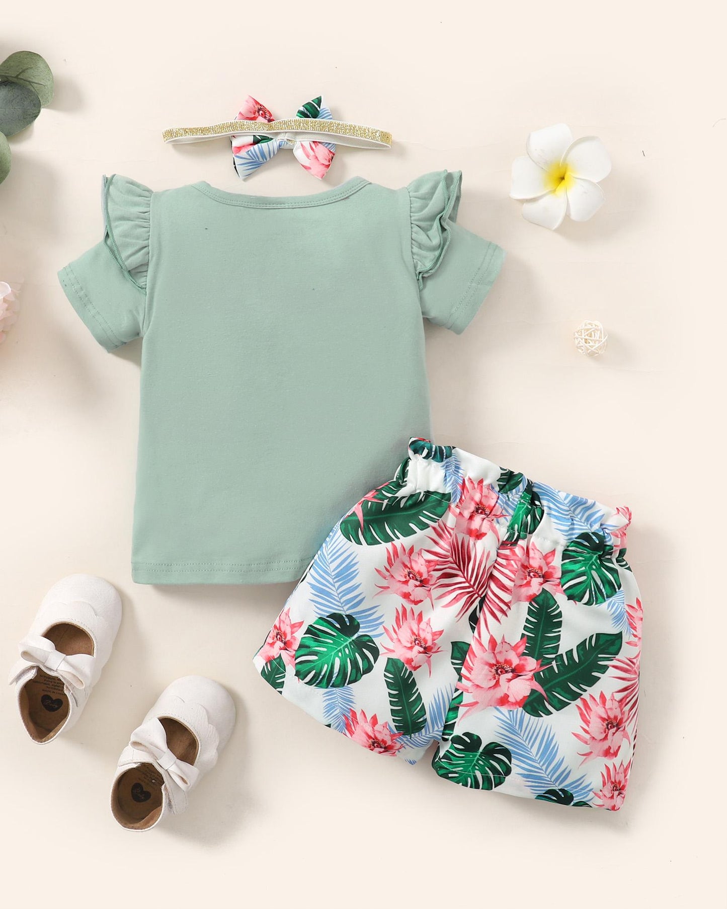 Kids Fashion Ready Stock Summer Clothes For Girls Ruffle Sleeve Solid Color Shirts Elastic Shorts Headband 3Pcs Outfits Green 112202005