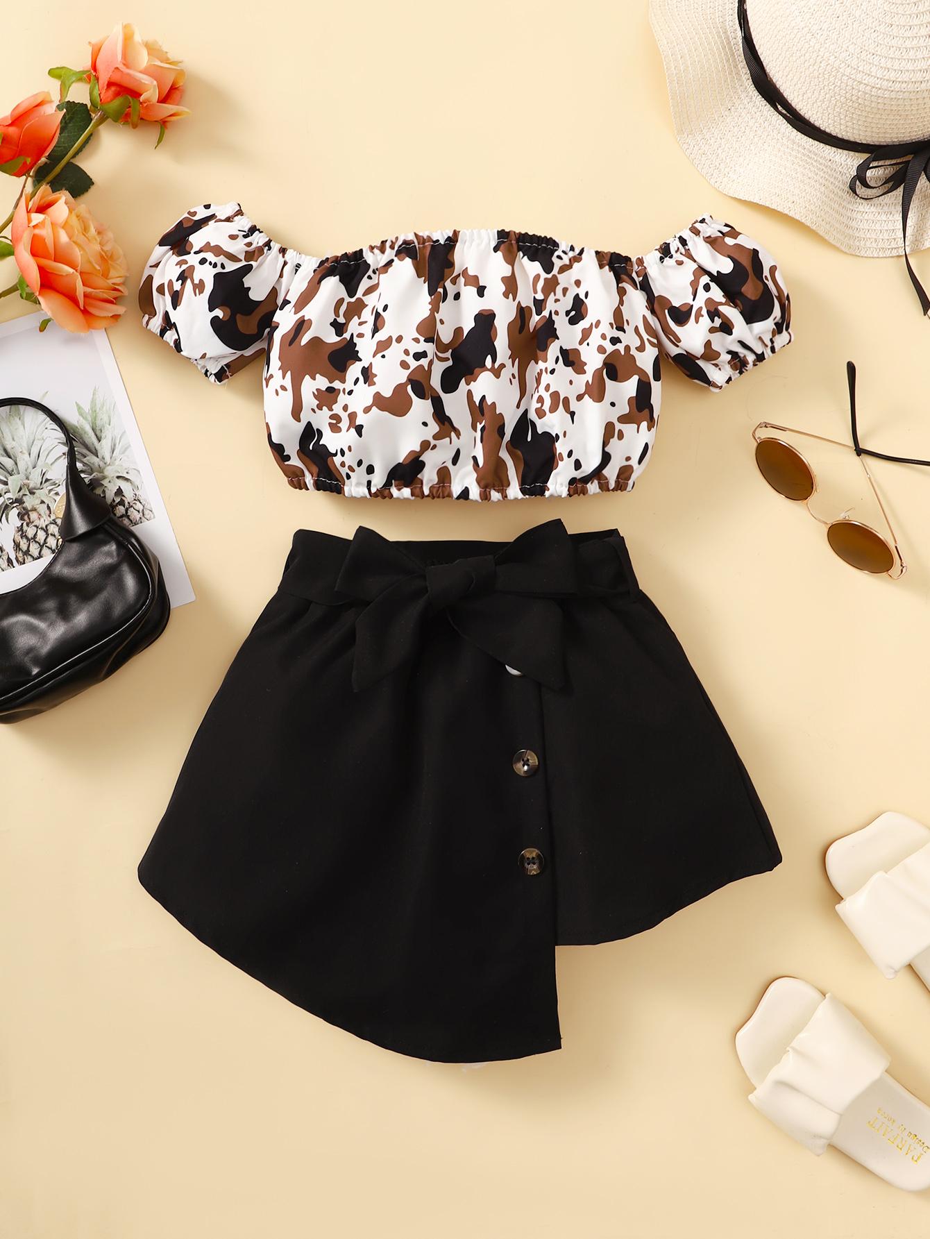 Kids Fashion Ready Stock Girls Outfits Off The Shoulder Camouflage Print Tops Irregular Skirts Brown 122110018