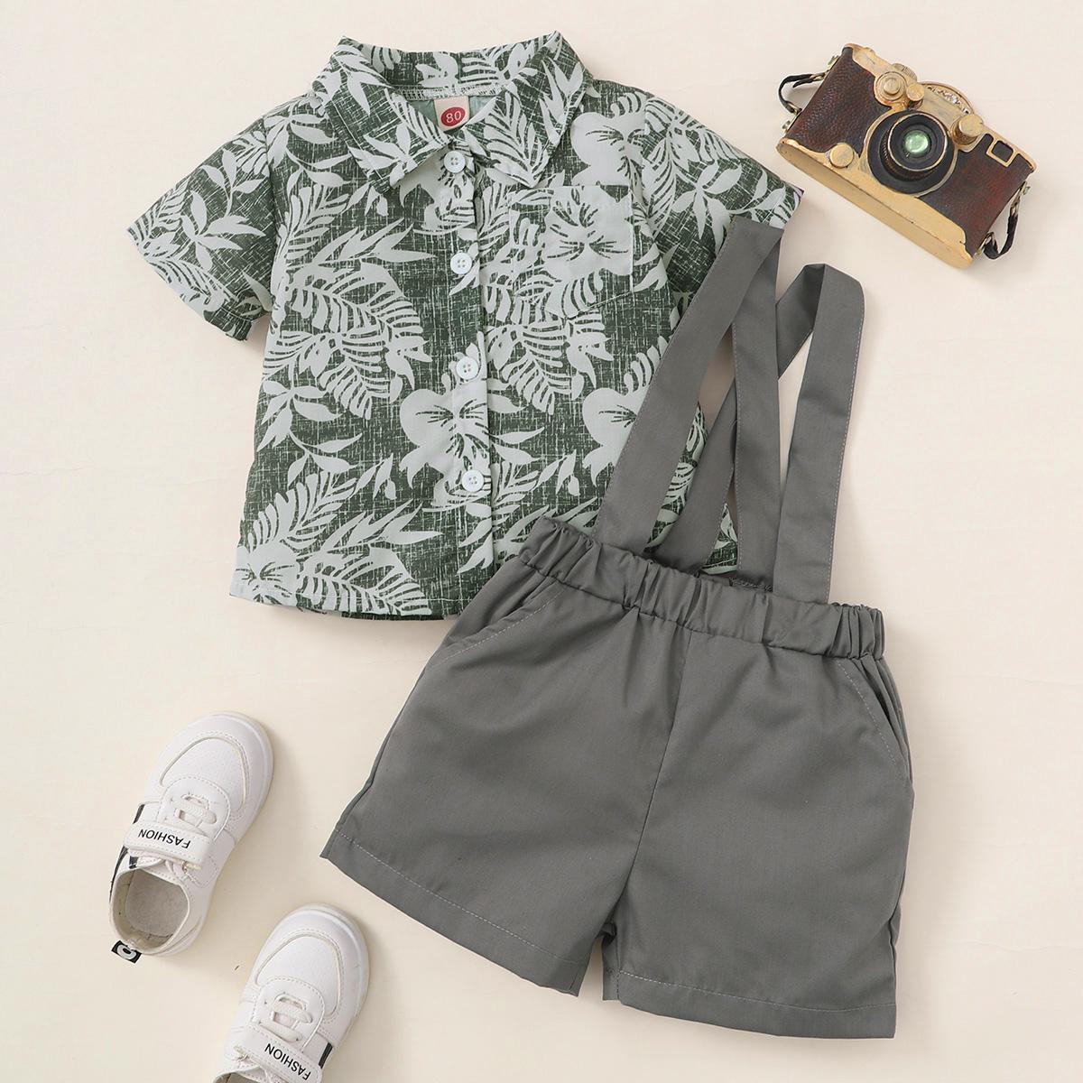 Newborn Baby Boys Outfits V Neck Leaf Print T-shirt Top +Straps Suspender Shorts 2PCS Clothes Set Green 222111010