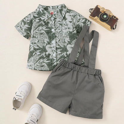 Newborn Baby Boys Outfits V Neck Leaf Print T-shirt Top +Straps Suspender Shorts 2PCS Clothes Set Green 222111010