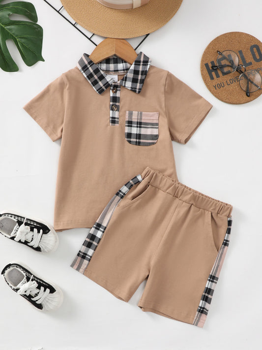 Kid Fashion Ready Stock Boys Clothes Boys Outfits Summer Turn-down Collar Pocket Shirts Shorts 2PCS Brown,622120001