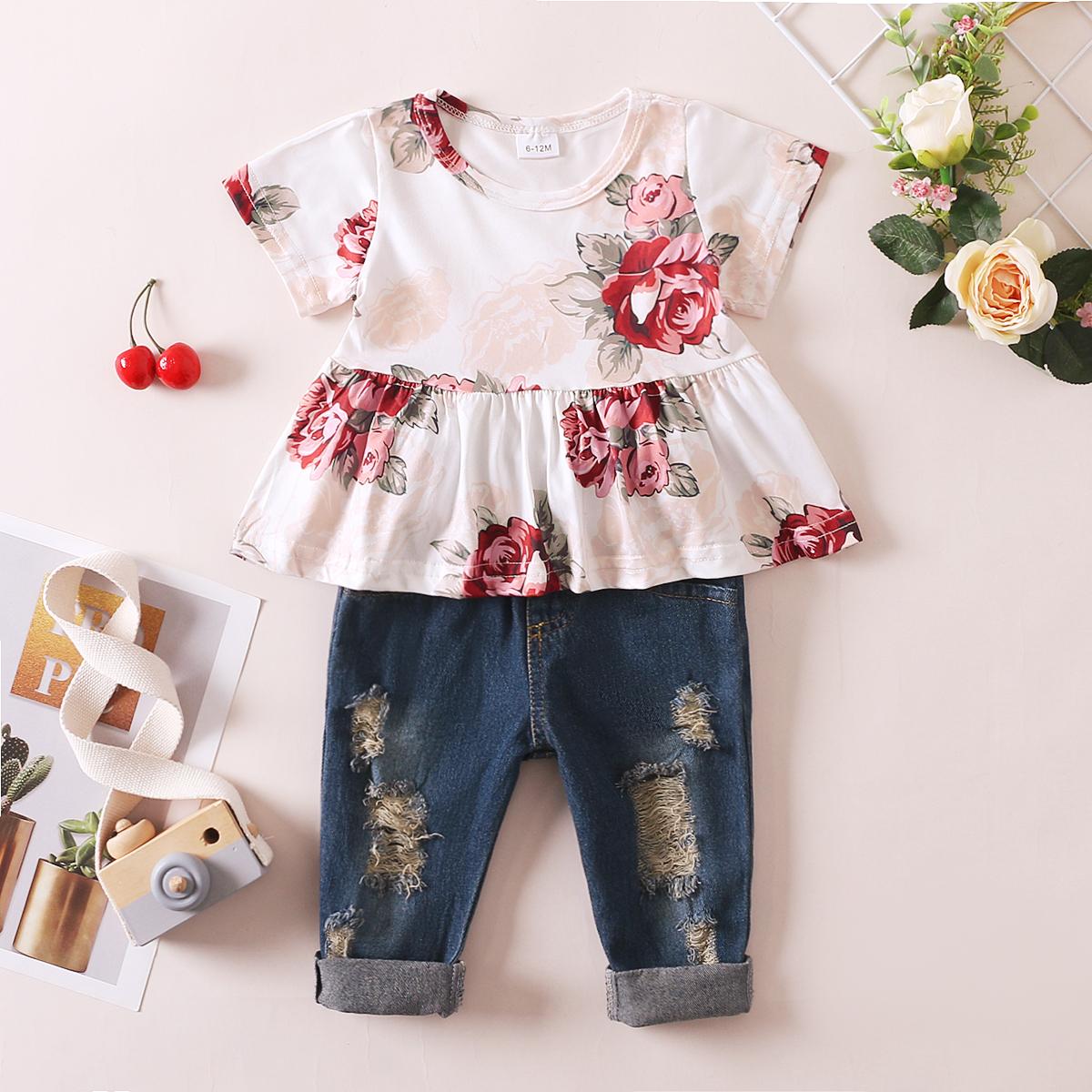 Baby Clothes Baby Girl Floral Short Sleeve Top Ripped Denim Trousers 2PCS 12010019