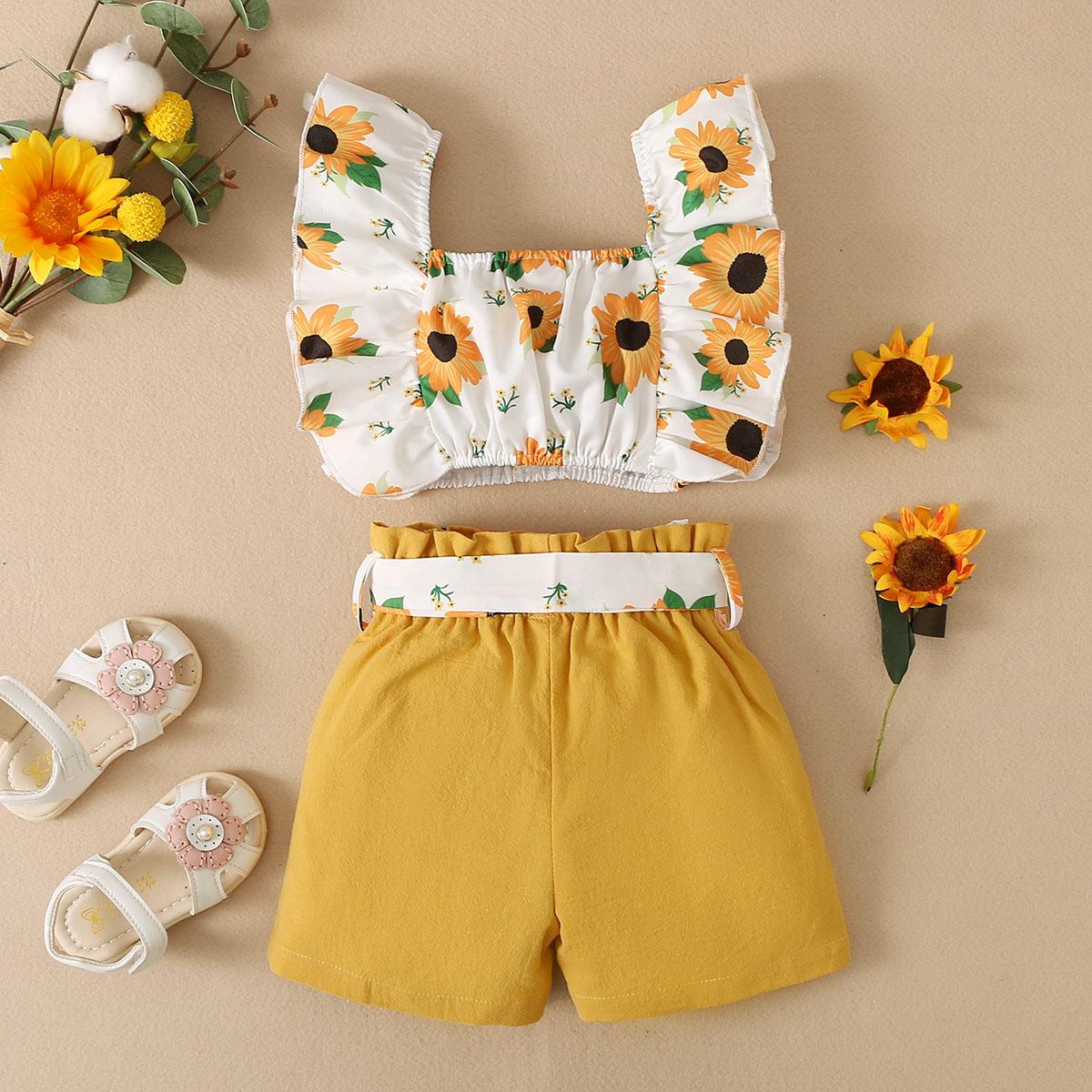 Kid fashion Girls Clothes Girls OOTD Sleeveless Sunflower Tops Shorts 2Pcs Summer Outfits Yellow 12110049