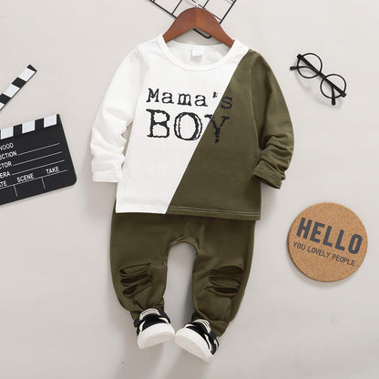 Baby Boy Clothes Baby Boys 2PCS Outfits Letter Print Long Sleeve Round Neckline Tops Ripped Pants Set Green 22105781