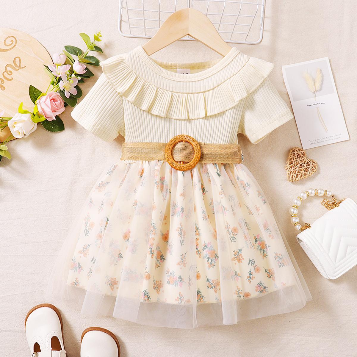 Baby Girls Dress Lotus Leaf Collar Floral Print Gauze One Piece Sun Dress Apricot J222211301