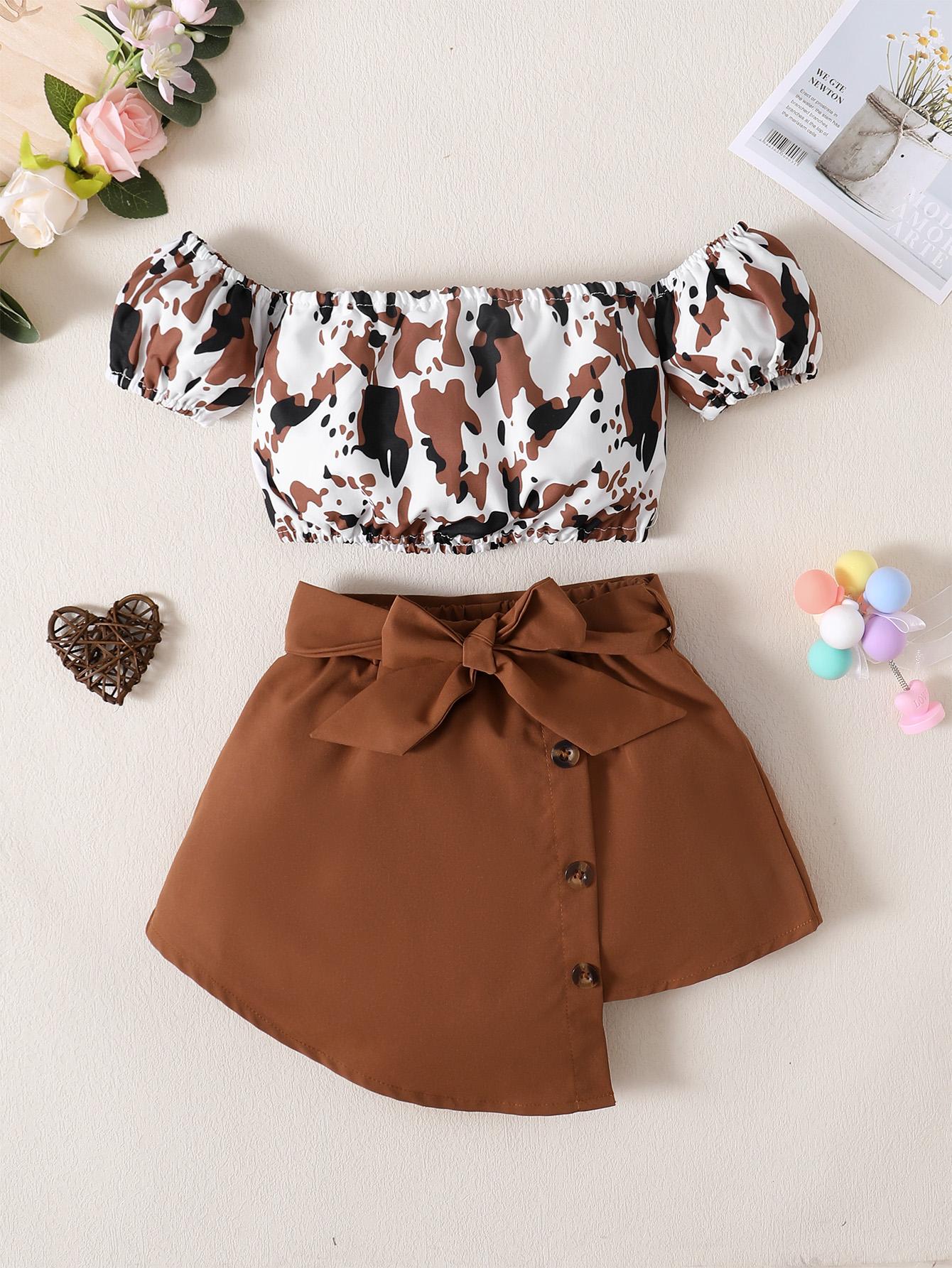 Kids Fashion Ready Stock Girls Outfits Off The Shoulder Camouflage Print Tops Irregular Skirts Brown 122110018