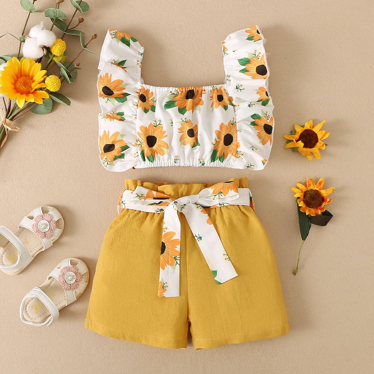 Kid fashion Girls Clothes Girls OOTD Sleeveless Sunflower Tops Shorts 2Pcs Summer Outfits Yellow 12110049