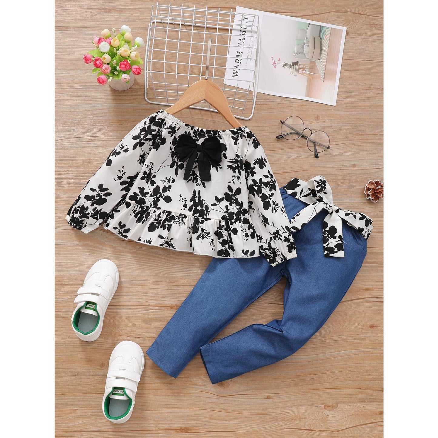 Toddler Baby Girls Clothes Baby Girls 2PCS Outfits Long Sleeve Floral Tops Pants Set Baby Girls Fall Clothes Set Blue 12106311