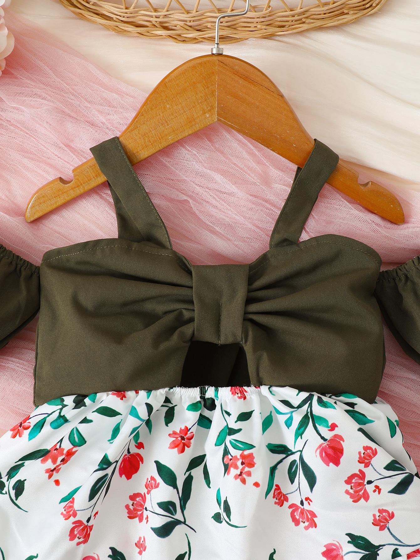Ready Stock Baby Girls Clothes Straps Bubble Sleeve Floral Print Dress With Headband 2Pcs Summer Set Green 122110007