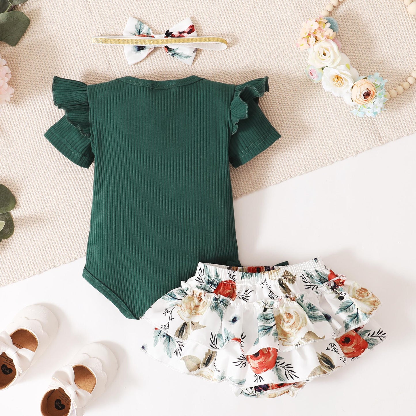 Baby Girls Clothes Girls Outfits Letter Print Short Sleeve Top Floral Shorts Headband 3PCS Set Green 32103010