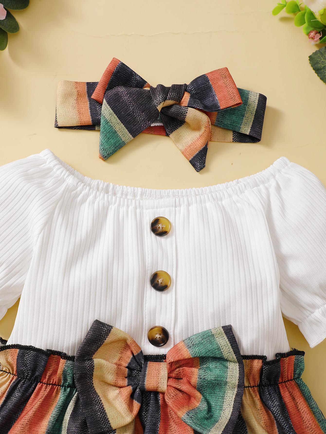 Kids fashion Girls Clothes Splice Summer Dress With Headband 2pcs set White 222204305