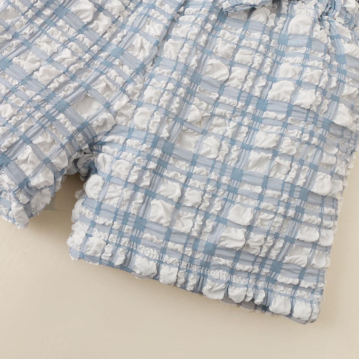 Kids fashion Girls Summer Clothes One Shoulder Plaid Elastic Shorts 2Pcs Outfits Blue 122203457