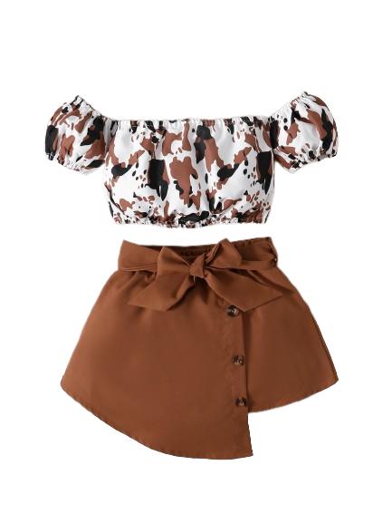 Kids Fashion Ready Stock Girls Outfits Off The Shoulder Camouflage Print Tops Irregular Skirts Brown 122110018