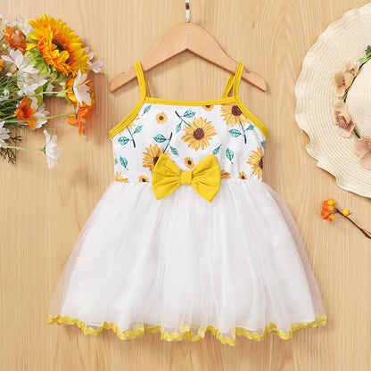 Kids Fashion Girls Dress Straps Sunflower Bow Splice Gauze One Piece Dress White F222112151