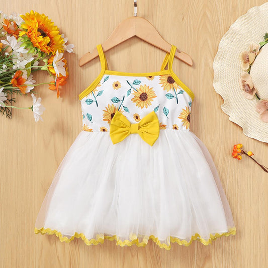 Kids Fashion Girls Dress Straps Sunflower Bow Splice Gauze One Piece Dress White F222112151