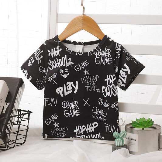 Kids fashion Boys Shirts Short Sleeve Round Neck Letter Print Shirts,Black 212201004