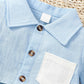Kid Fashion Ready Stock Boys Summer Outfits Turn-down Collar Pocket Splice Shirt Elastic Shorts 2Pcs Clothes Set Blue 112211057