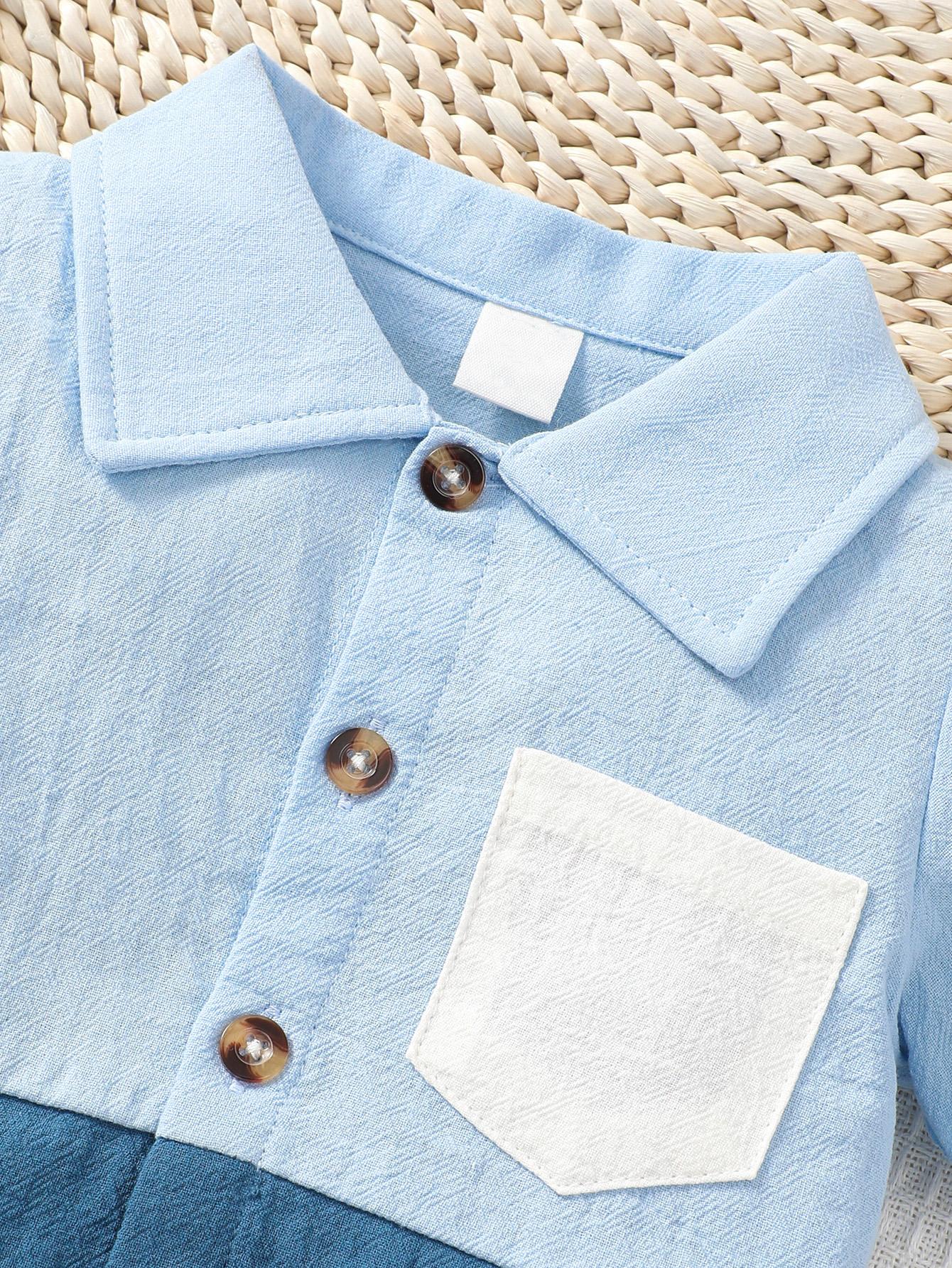 Kid Fashion Ready Stock Boys Summer Outfits Turn-down Collar Pocket Splice Shirt Elastic Shorts 2Pcs Clothes Set Blue 112211057